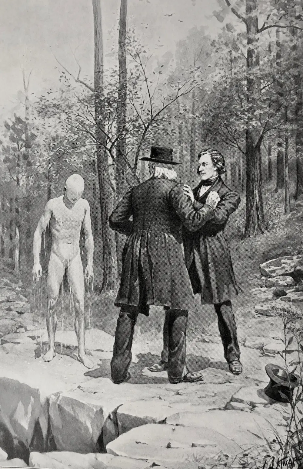 Black and white illustration of an eyeless hairless man confronting two 19th century gentlemen