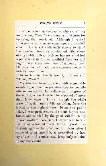 A page from Young West, with yellow margins around the prose