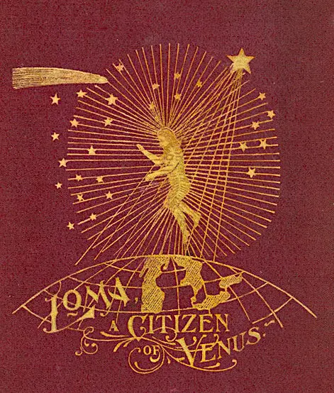 Loma book cover, in red with a gold drawing of a being floating over the earth