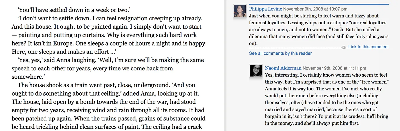 The Golden Notebook Project website showing novel text on the left with reader comments by Philippa Levine and Naomi Alderman in the right margin