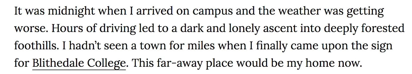 Harmonia story text with underlined hyperlinks embedded in the narrative prose, including 'Blithedale College'