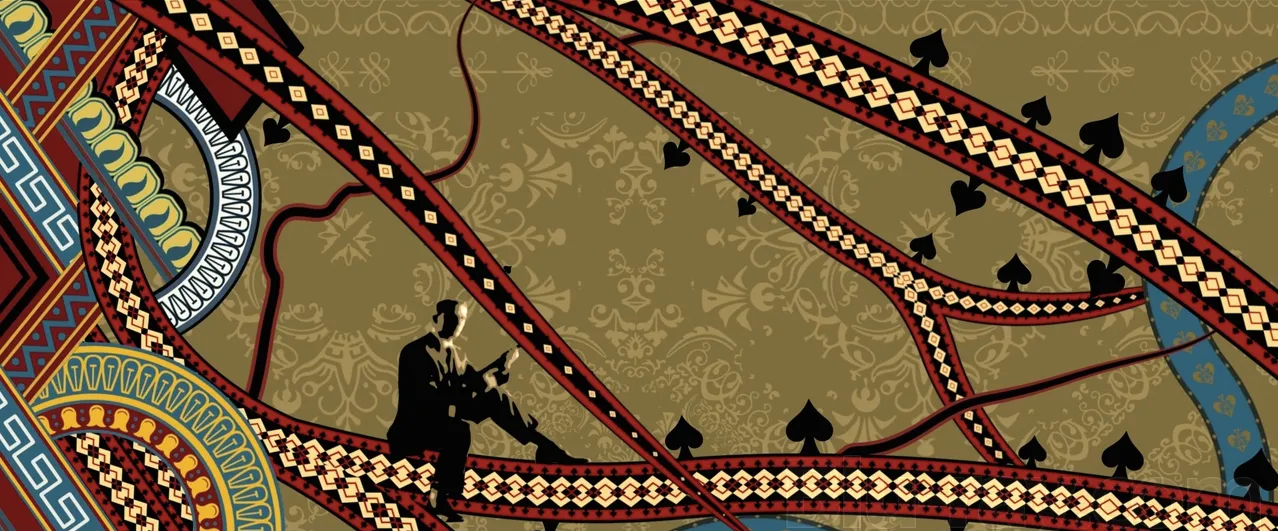 Bond's silhouette amid ornate playing card patterns in the Casino Royale title sequence