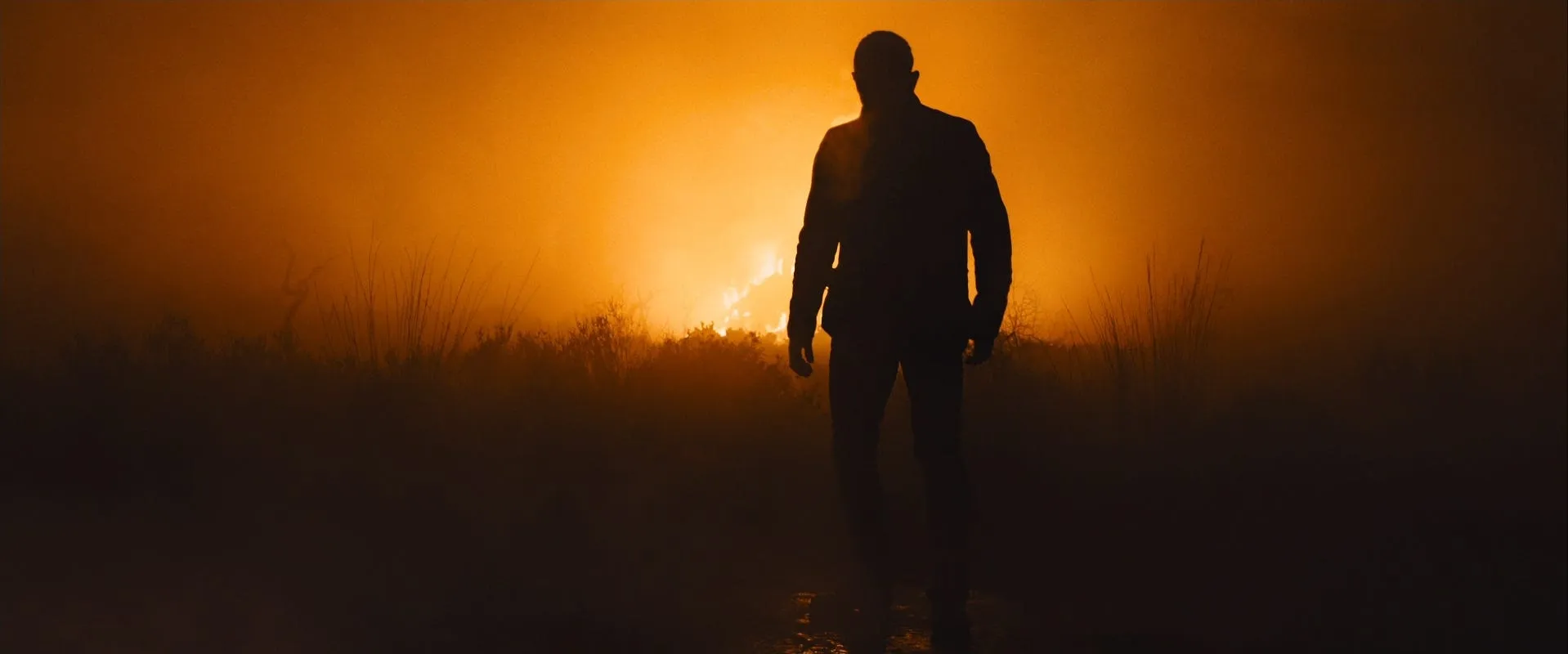 Bond's silhouette walks toward a burning horizon in Skyfall's fiery climax