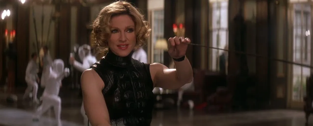Madonna as a fencing instructor, wielding a foil in a palatial fencing club in Die Another Day