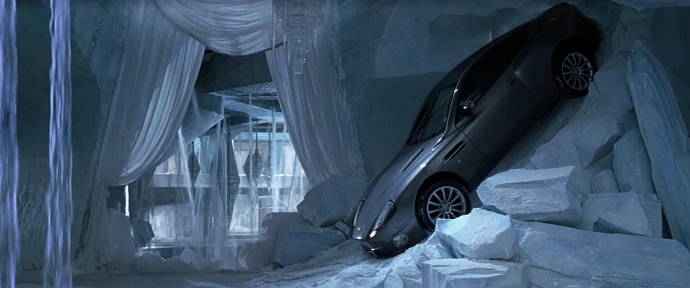 An Aston Martin lodged in the ruins of a collapsing ice palace in Die Another Day