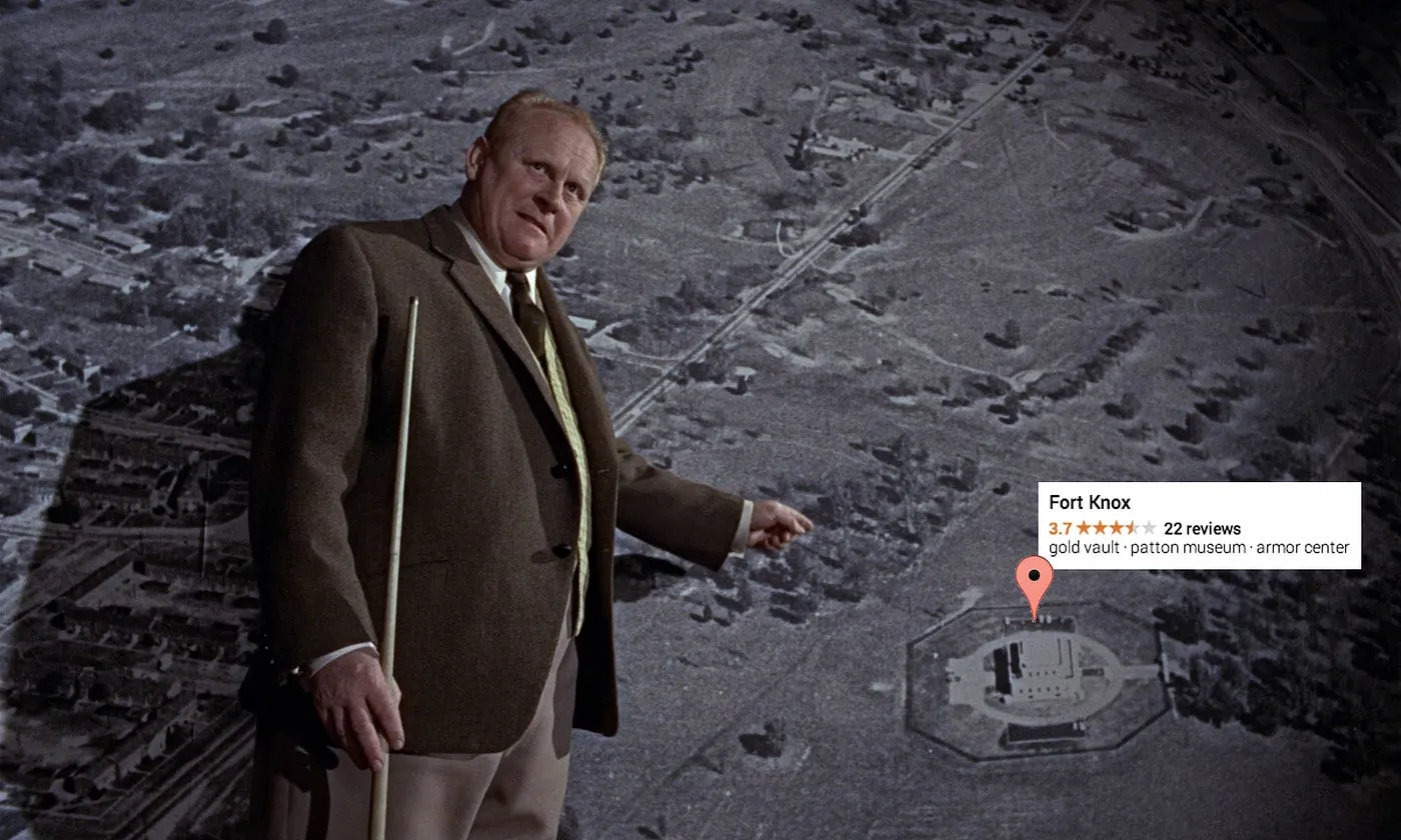 Goldfinger presents his plan to raid Fort Knox, with a Google Maps pin helpfully added to the aerial photograph
