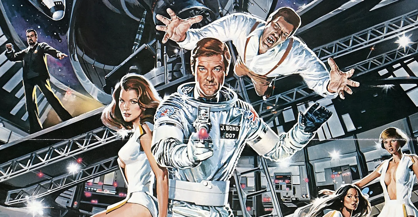 The Moonraker movie poster art, featuring Roger Moore in a spacesuit flanked by Jaws and various women