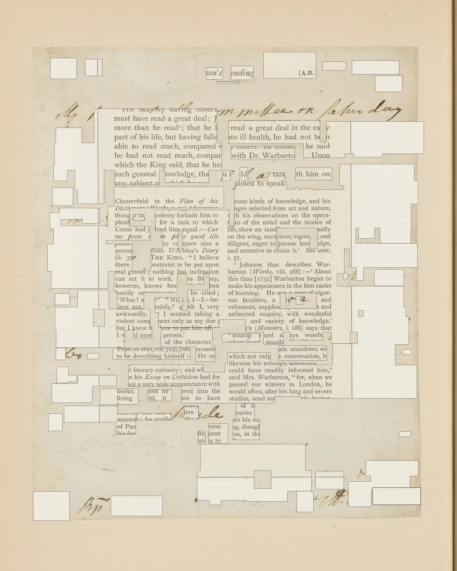 Another page from Boswell's Life of Johnson with words cut out