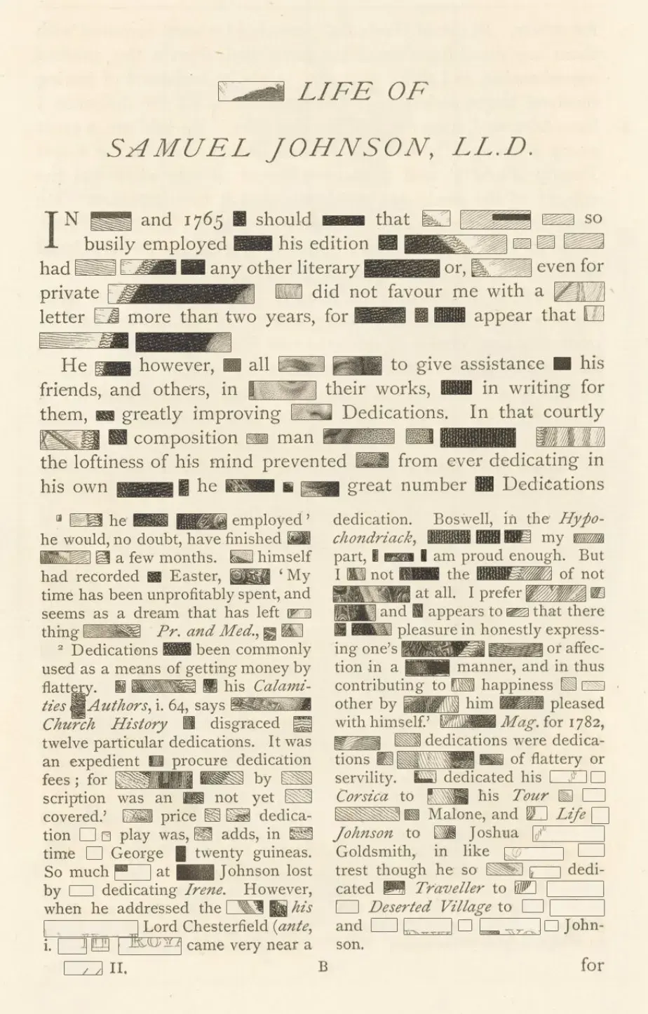 Page from the Life of Samuel Johnson with cut-out words