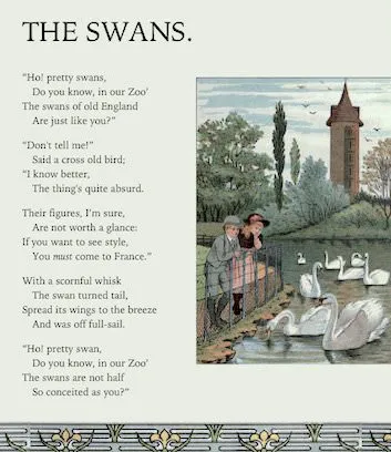 A poem and an illustration, text reads “The Swans”