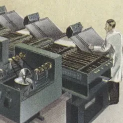 A cartoon man looks at printouts from old machines