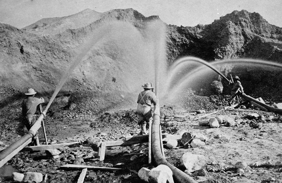 Hydraulic mining at French Corral, 1866. Today it’s a ghost town. Via the Library of Congress