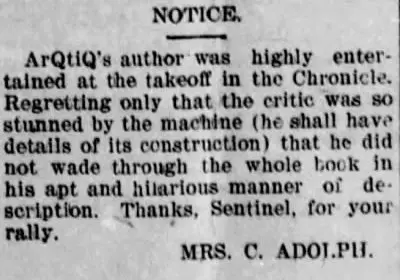 Newspaper notice from Mrs. C Adolph”