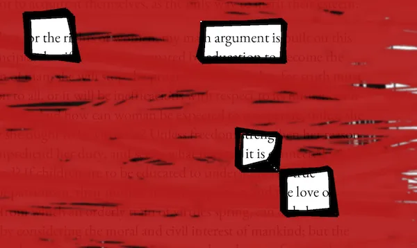 Bright red lines blocking out text leaving the words 'the argument is love'