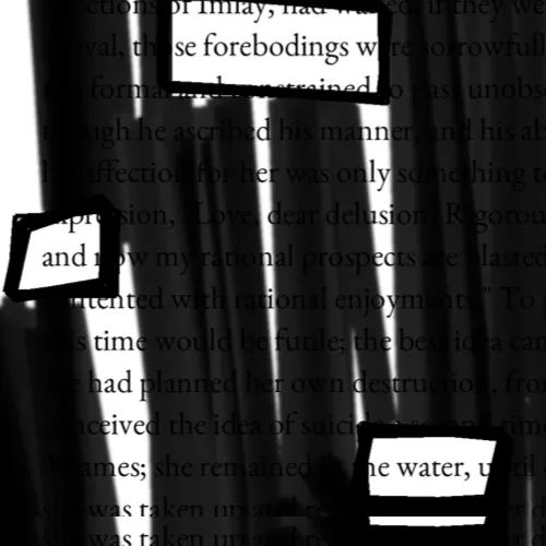 Blacked-out text leaving the words 'foreboding' and 'water'