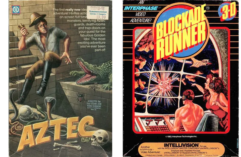 Two cartoonish game covers. The left is Aztec and the right is Blockade Runner. Aztec features an explorer in a tomb; Blockade runner features a shirtless man and skimpily-dressed woman piloting a spaceship