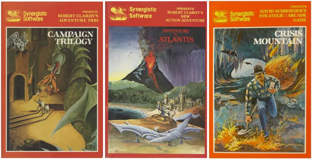 Boxes for three games in a red palette that resembles 80s adventure novels for kids