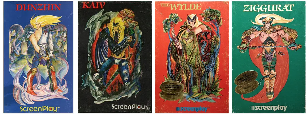 Four covers from a series of early videogames, in blue, black, red, and green, with stylized figures