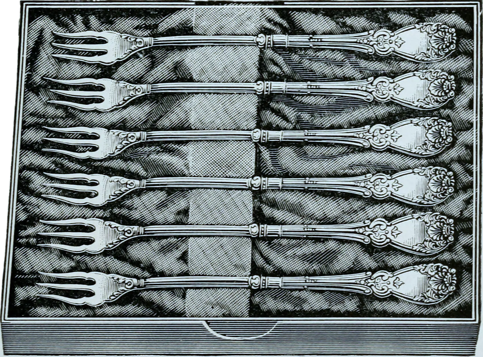 A row of forks in an old woodcut illustration
