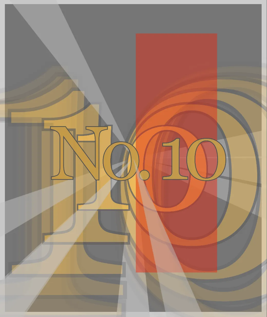 Golden numbers 10 emerging from a grey canvas with angular light rays