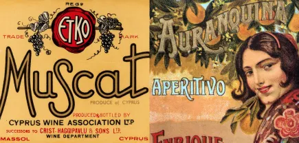 Two orange vintage wine labels, words read Muscat and Apertivo