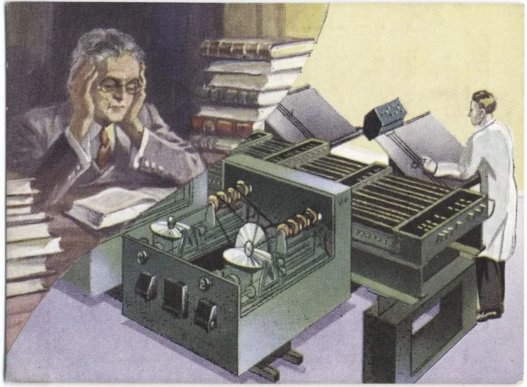 Vintage illustration: a bespectacled man rests his head on his hand among stacks of books while a large mechanical tabulating machine dominates the foreground, with a technician operating it