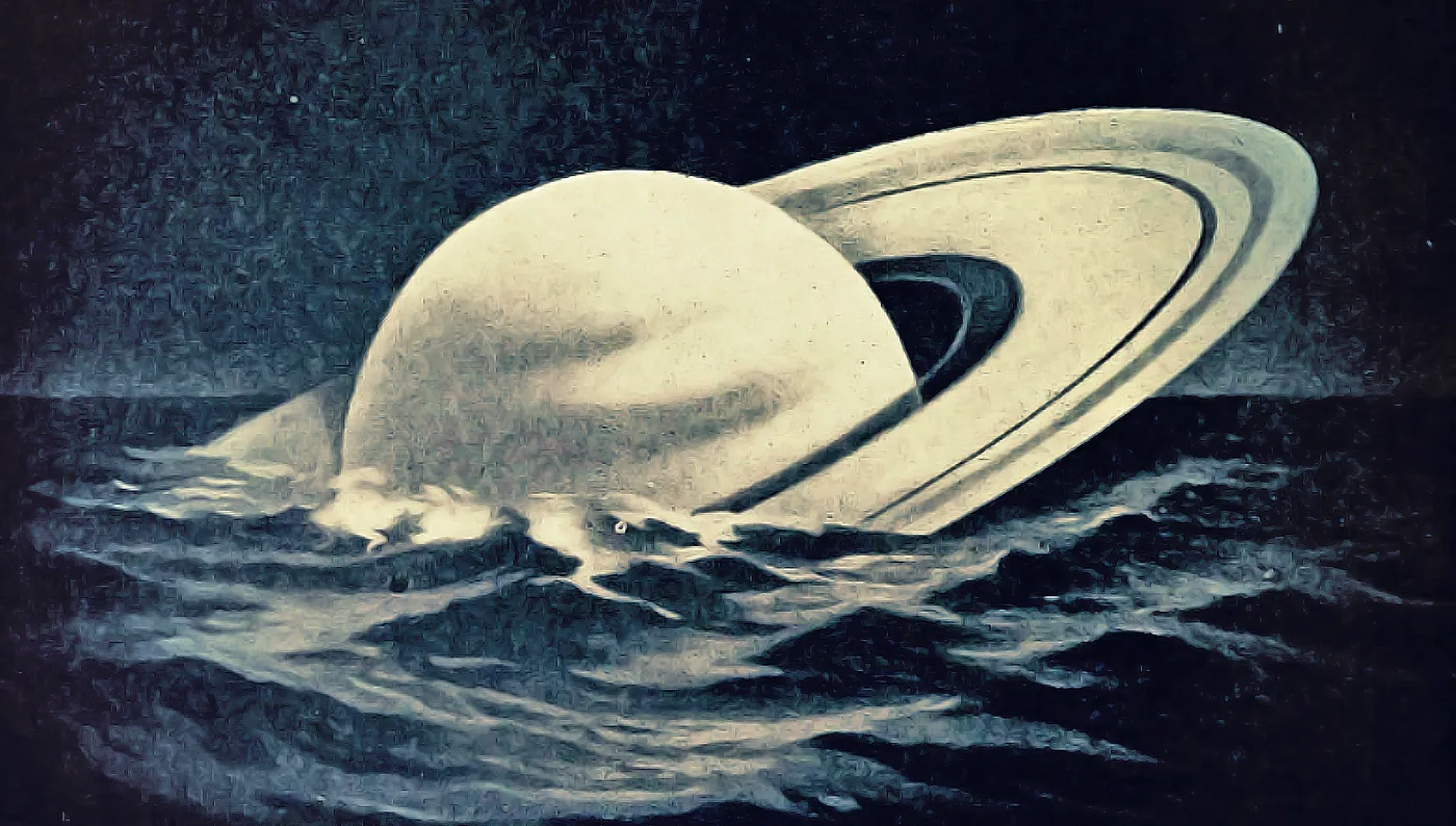 Atmospheric vintage illustration of Saturn and its rings against a dark blue sky, from Our Country and Its Resources (1910)