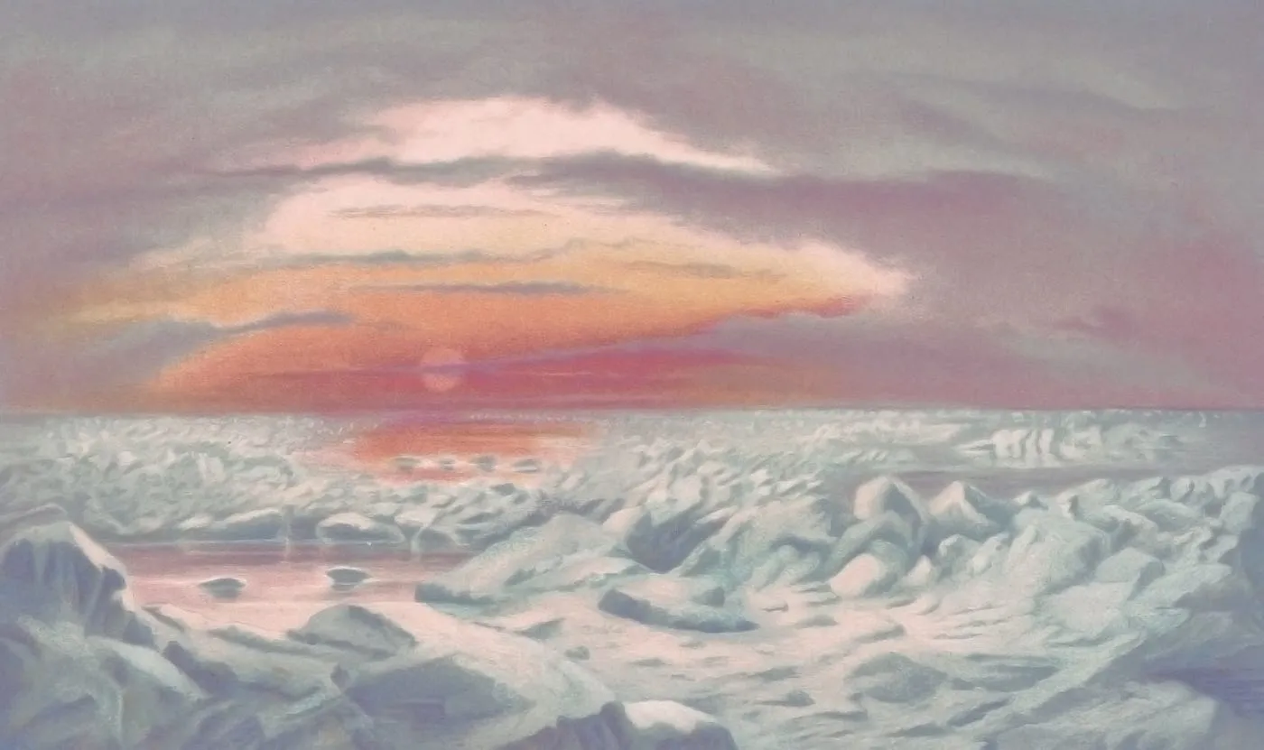 Chromolithograph of an arctic sunset: pink and orange clouds over a frozen landscape of ice and rock, from Our Earth and its Story (1891)