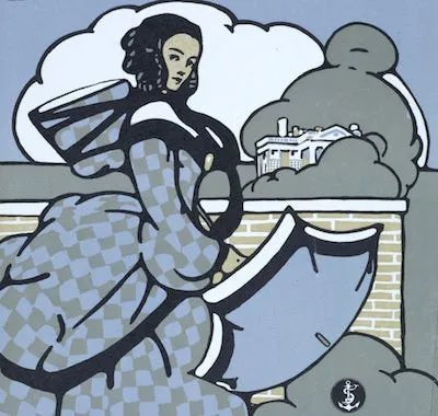 Art Deco-style illustration of a woman in a checkered dress reclining on a balcony, with a mansion and stylised clouds in muted blues and greys