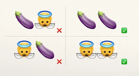 Humorous 2x2 grid using eggplant and angel emoji to illustrate the confusion matrix: correctly identifying naughty-as-naughty and nice-as-nice (check marks), versus misclassifying them (X marks)