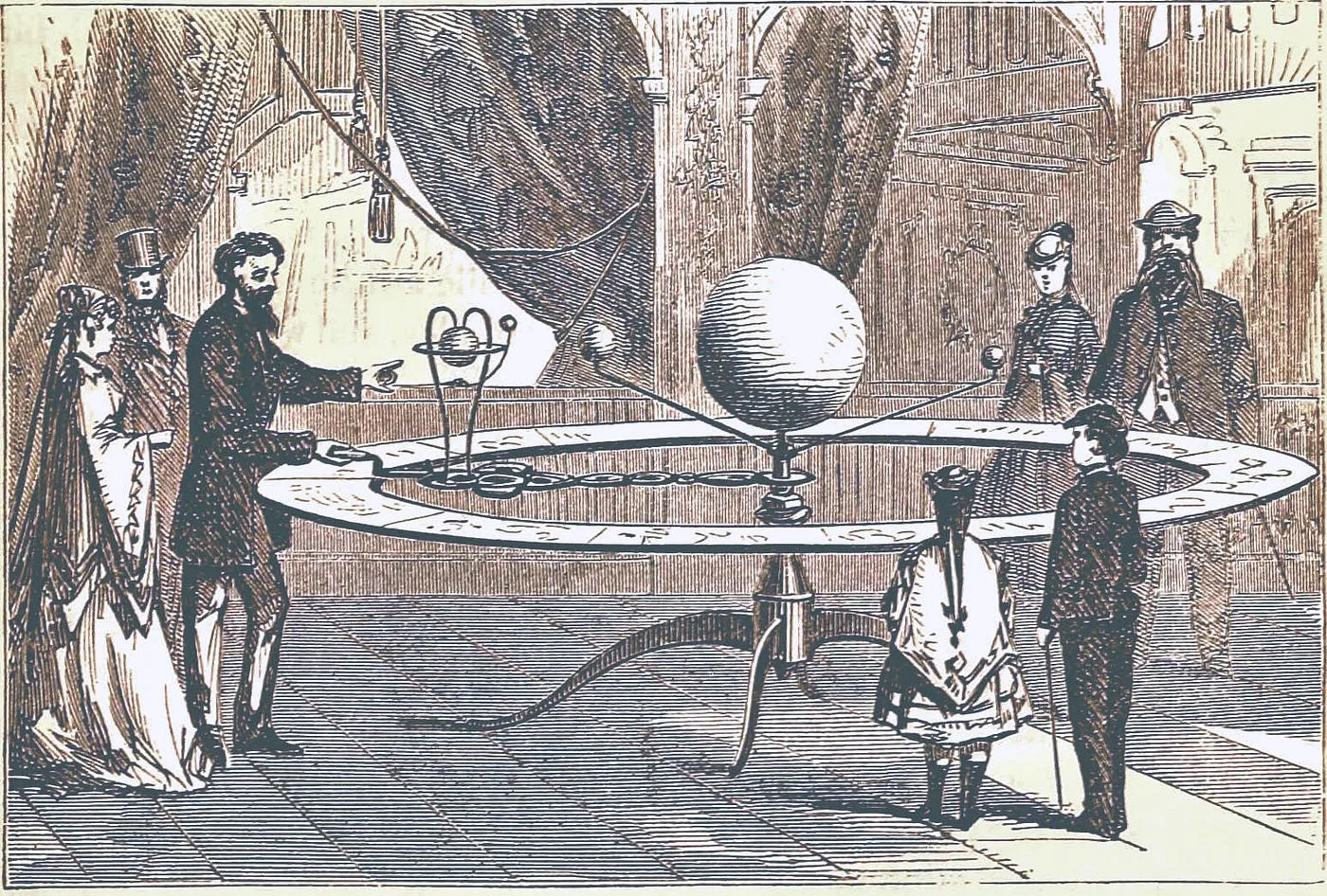 19th-century engraving of Victorian visitors examining a large mechanical orrery in a museum hall, from Our Young Folks (1865)