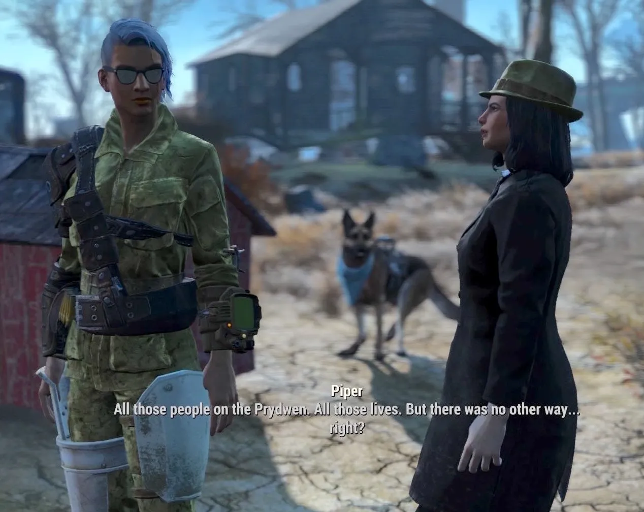 Companion Piper confronts the player character in a ruined settlement, with Dogmeat watching in the background. Subtitle reads: 'All those people on the Prydwen. All those lives. But there was no other way... right?'