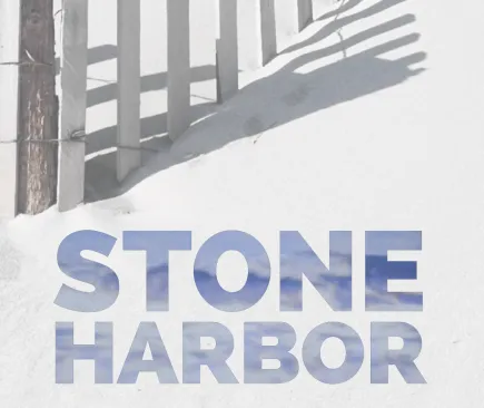 The title Stone Harbor over a picture of a beach in shadow