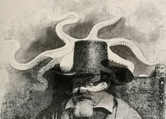 Surreal composite of a man in a top
hat and an octopus