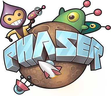 Phaser game framework logo: cartoon aliens and a rocket orbit a cratered planet with 'PHASER' in chunky 3D letters across the centre