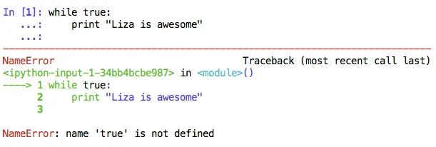 IPython session showing 'while true: print "Liza is awesome"' followed by a NameError traceback with the cryptic reference 'ipython-input-1-34bb4bcbe987'