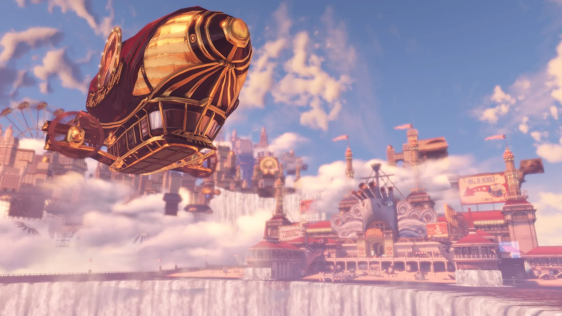 The floating city of Columbia from Bioshock Infinite, with an ornate airship sailing past elaborate towers above the clouds