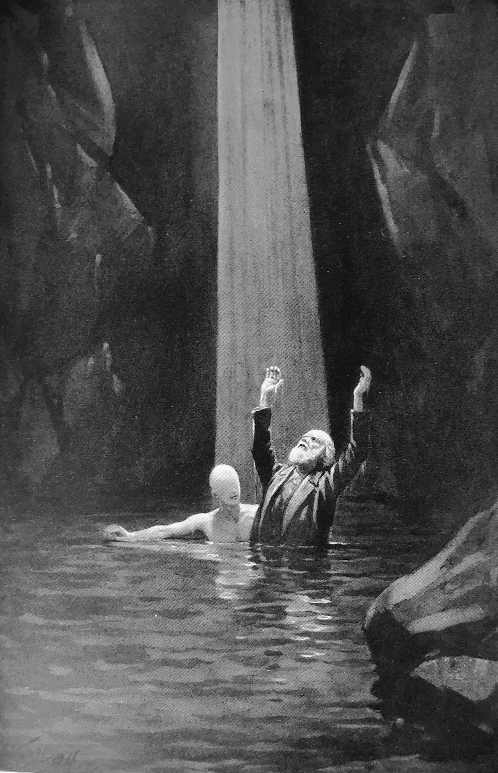 Black and white illustration of the eyeless man and the narrator in a dark cave, the narrator reaching up into a beam of light