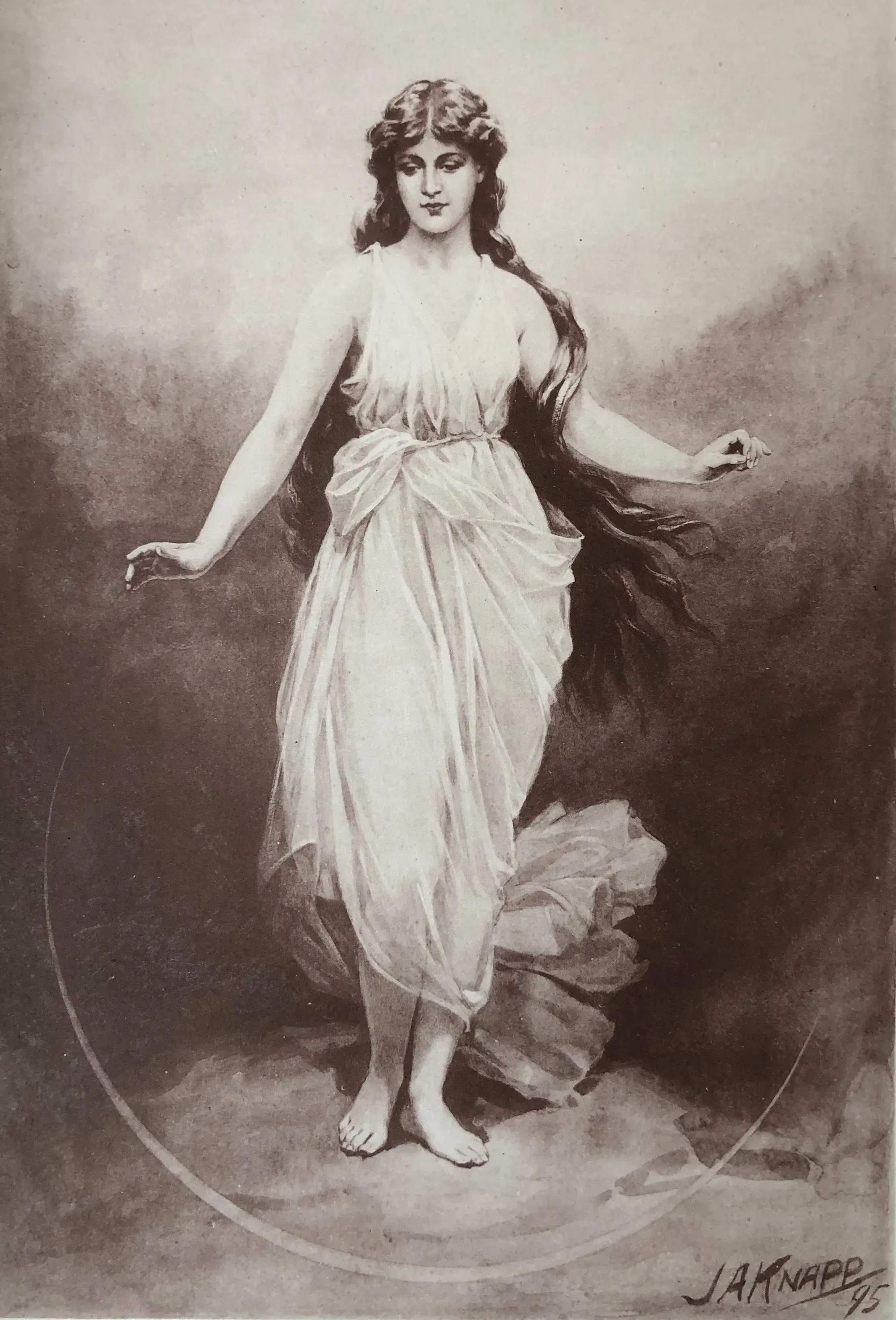 Etidorhpa as drawn in the first edition, a full-size portrait of a woman in a flowing gown