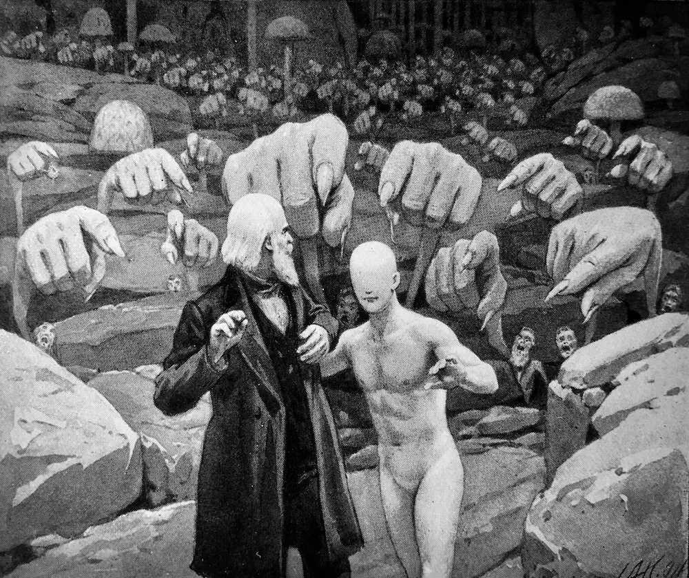 The eyeless man and the narrator surrounded by a field of giant hands