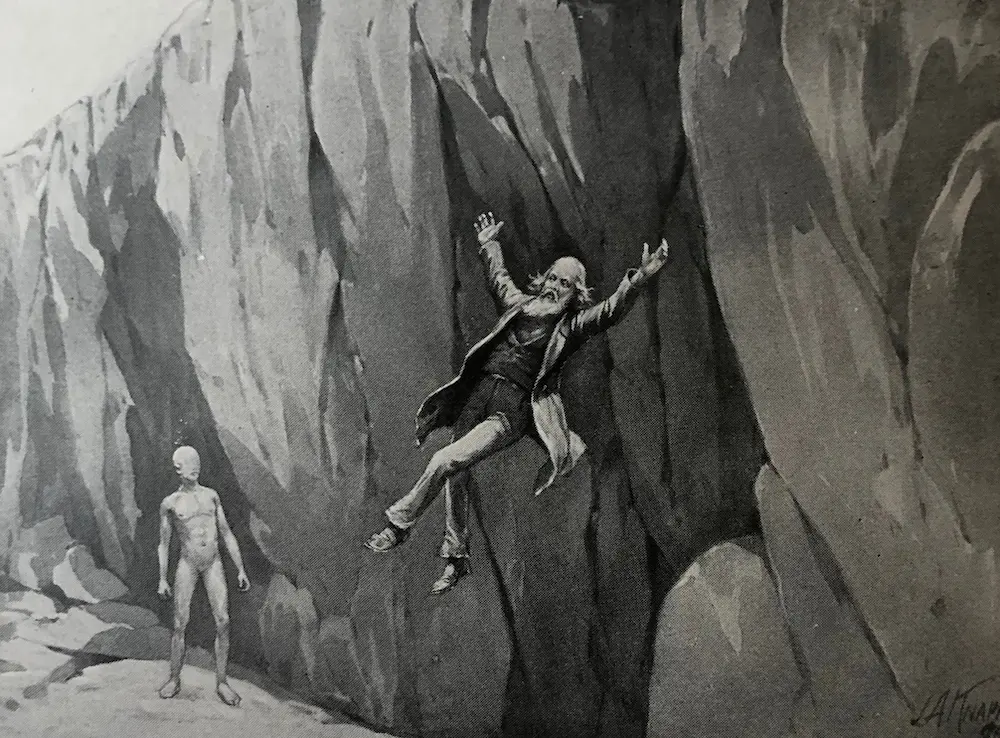 The eyeless man and the narrator; the narrator is floating down a cliff