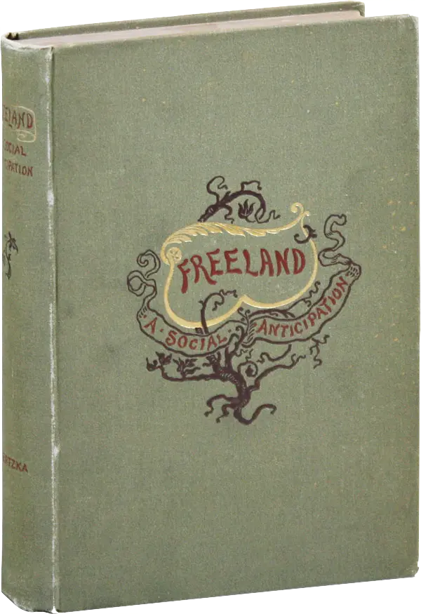 Green book cover with the words Freeland and a decorative illustration of a tree