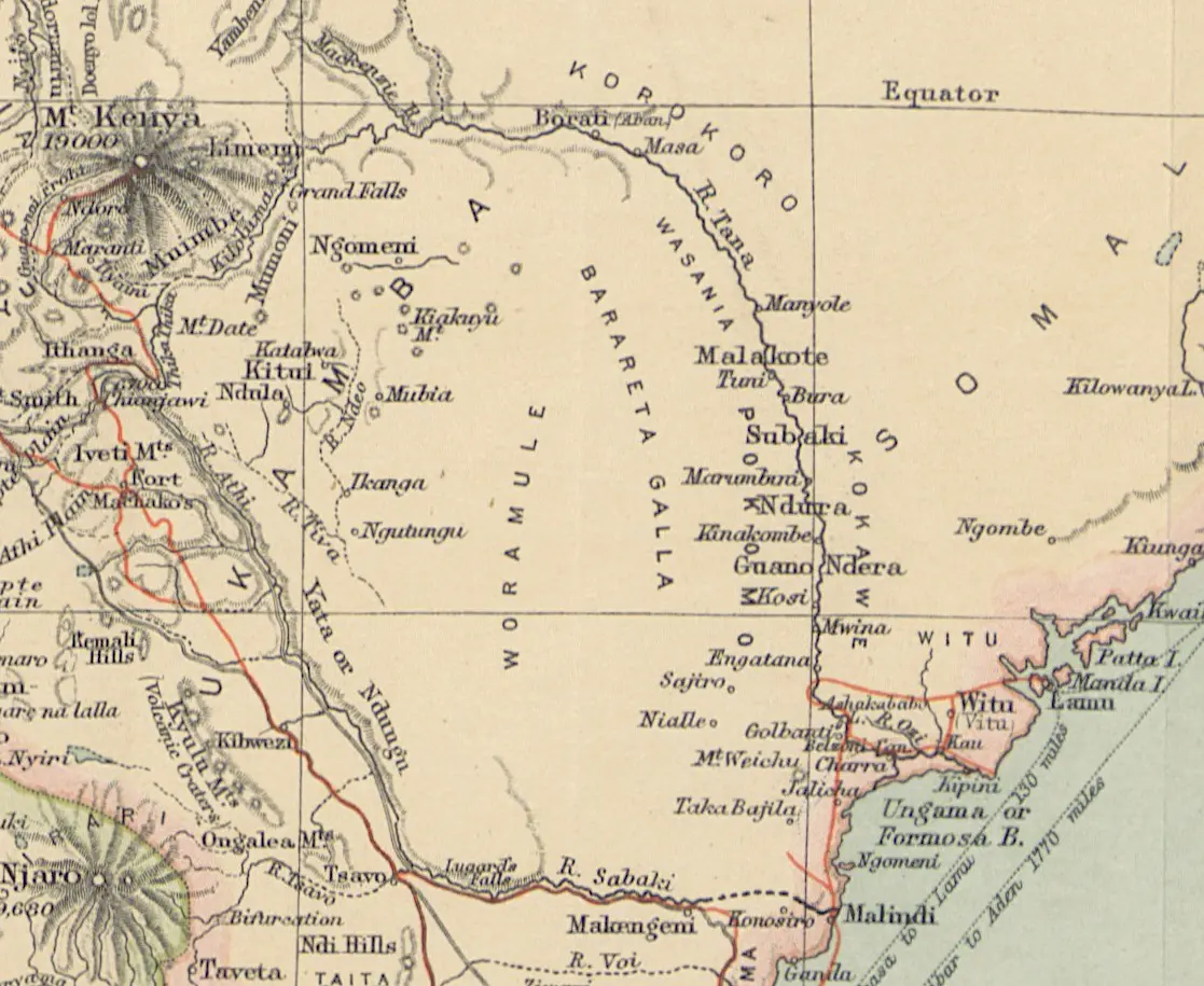 Detail from a British colonial map of East Africa from The Edinburgh Geographical Institute, circa 1895.   The island of Lamu and the River Tana can be seen in the middle right.