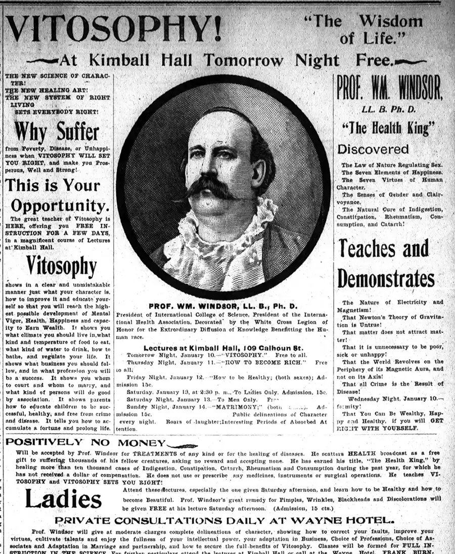 Newspaper ad for vitosophy, Fort Wayne Sentinel, 1900