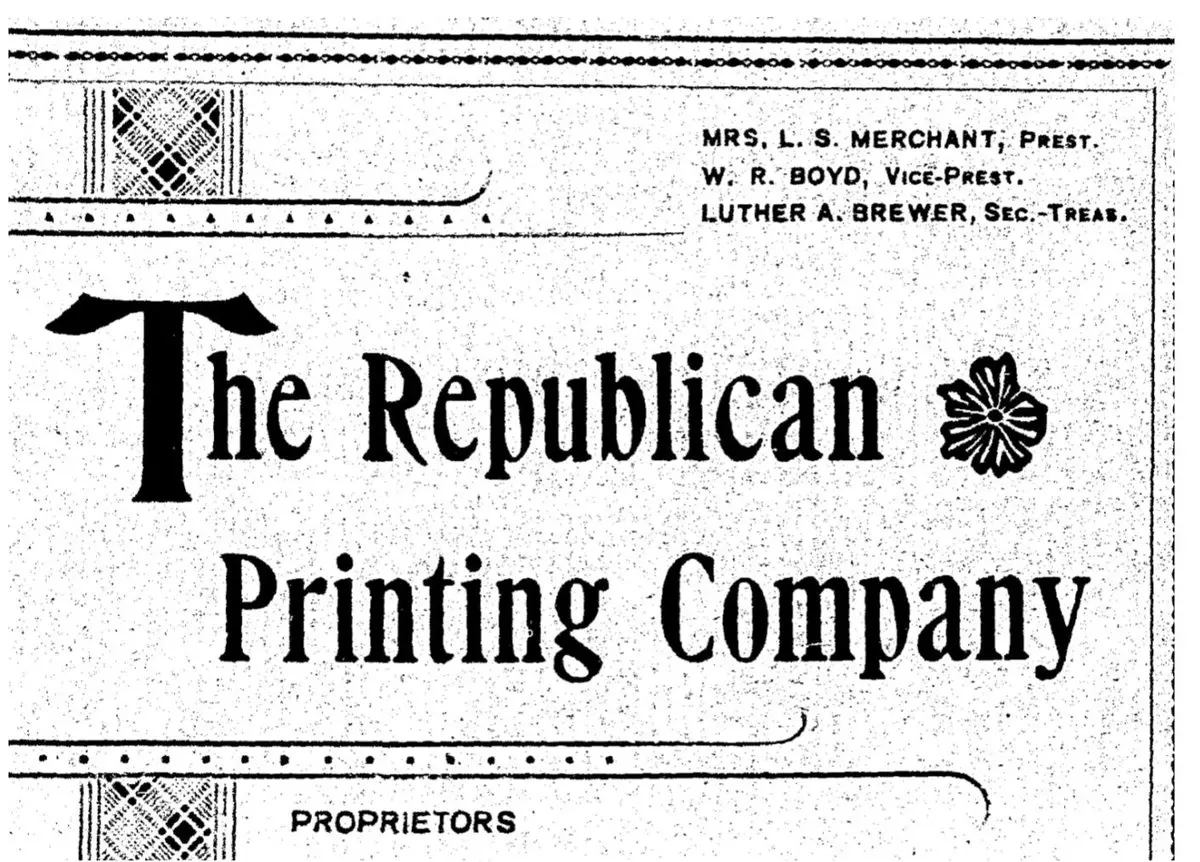 Masthead of Republican Printing Company featuring Ella Merchant's name