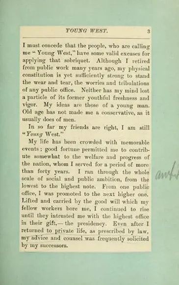 A page from Young West, with green margins around the prose