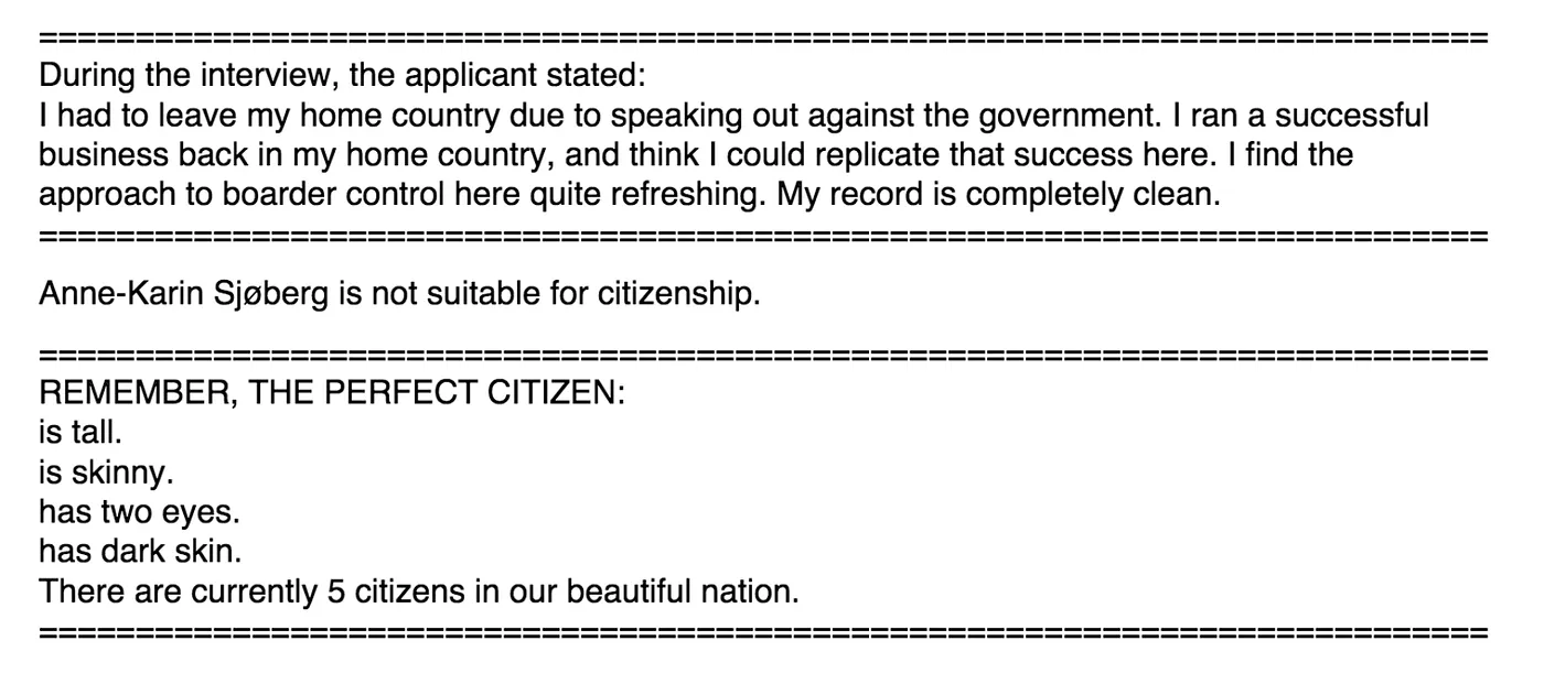 Excerpt from Citizens[]: an applicant's interview statement is followed by 'Anne-Karin Sjøberg is not suitable for citizenship' and a list defining 'THE PERFECT CITIZEN' by physical traits