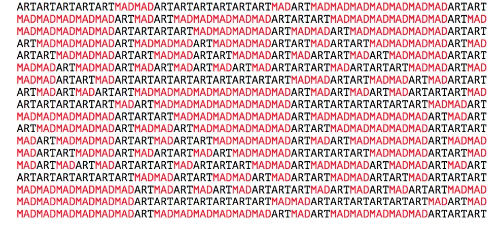 Dense wall of text alternating the words 'ART' and 'MAD' in black and red, forming a hypnotic pattern that fills the entire page