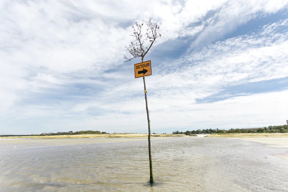 Detour sign in tidal flat